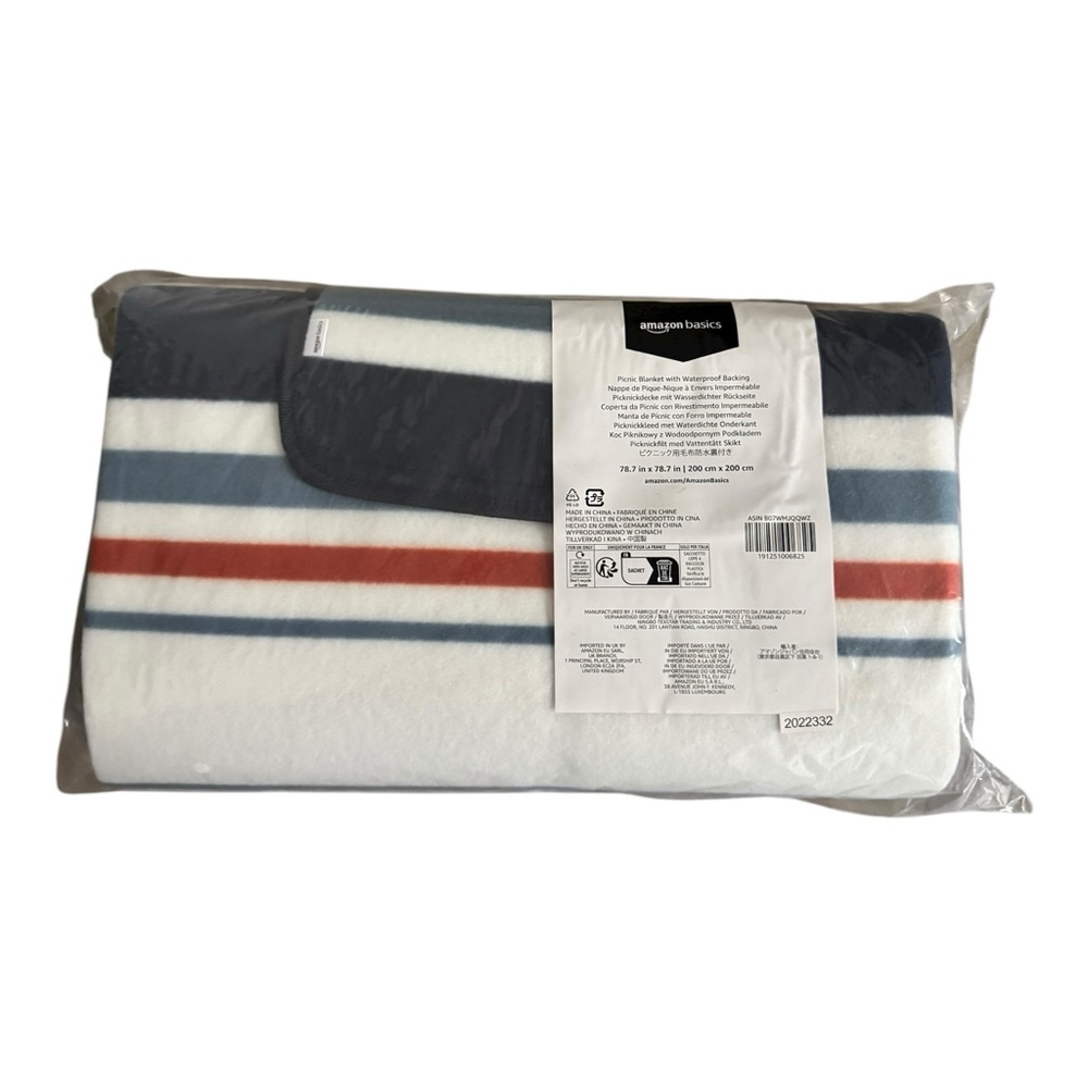 Amazon Basics Picnic Blanket Waterproof Backing 200x200cm Blue/Red/White Stripes